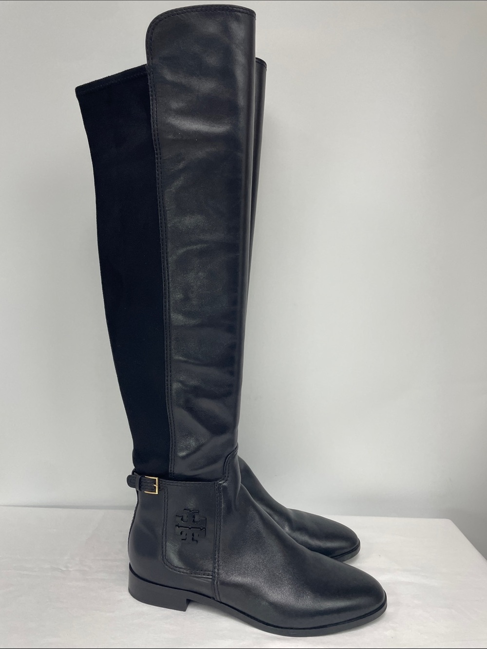 Tory Burch Black Leather & Stretch Over-the-Knee Riding Boots with Buckle